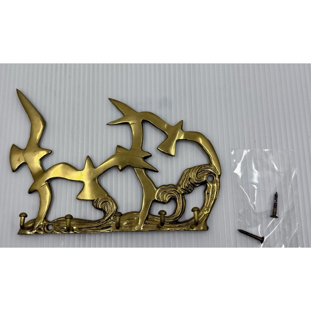 Solid Brass 5 Key Wall Hooks Nautical Seagulls & Waves 6” x 4 x ½”
